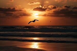 uma vôo gaivota silhueta dentro pôr do sol céu e de praia. ai generativo foto