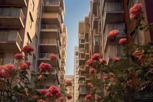 ilustração do rosas florescendo entre edifícios. ai generativo foto