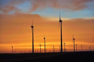 Parque das turbinas eólicas ao pôr do sol