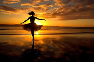 a silhueta do uma bailarina em a pôr do sol de praia. ai generativo foto