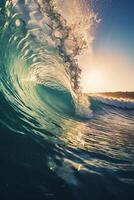 oceano pacífico, azul água, ondas, areia, Claro claro. ai generativo foto