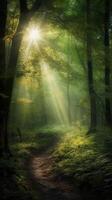 lindo raios do luz solar dentro uma verde floresta. ai generativo foto