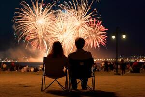 uma jovem casal sentar juntos para Assistir celebração fogos de artifício dentro América. ai generativo foto