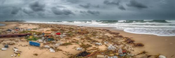 de praia cheio do lixo e plástico desperdício Como Largo bandeira para de Meio Ambiente e reciclar conceitos. ai generativo foto