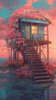 a escadas do uma de madeira casa com 1000 rosas em isto, dentro a estilo do luz Rosa e branco, pôr do sol, uma ocupado cidade e de praia dentro a distância. ai generativo foto