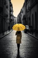 amarelo guarda-chuva dentro mão do mulher caminhando em uma incolor rua. ai generativo foto