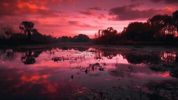 uma cena dentro que a inteira Rosa céu é refletido dentro a água. ai generativo foto