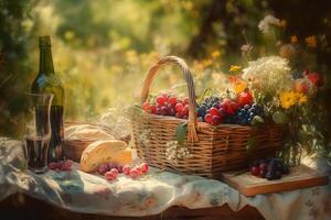 apresentando uma cesta do fresco fruta e pão, uma garrafa do vinho, e uma ramalhete do flores silvestres. ai generativo foto