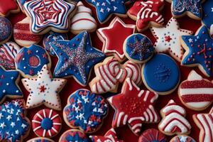 biscoitos decorado dentro vermelho branco e azul para 4º Julho celebração. ai generativo foto