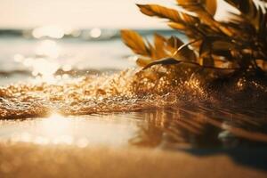 lindo fundo para verão período de férias e viagem. dourado areia do tropical praia, embaçado Palma folhas e bokeh luzes em água em ensolarado dia. ai generativo foto