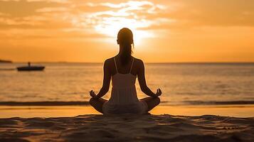 mulher meditando em a de praia às pôr do sol. ai generativo foto