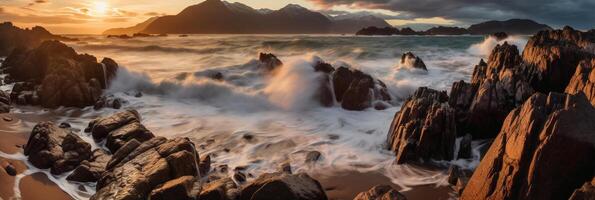 a ondas estão falhando sobre a pedras às pôr do sol. ai generativo foto