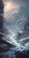 uma pintura do uma vale coberto dentro neve, dentro a estilo do Sombrio fantasia, realista iluminação, luminosidade do água, fluindo silhuetas, fada conto. ai generativo foto