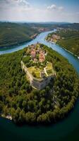 a aéreo Visão do de skradin histórico Centro, com Está enrolamento ruas e colorida edifícios aninhado entre a exuberante vegetação. ai generativo foto