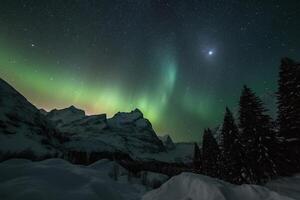 aurora, suíço Alpes, estrela, neve, inverno. ai generativo foto