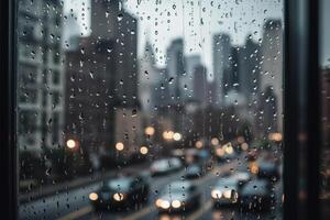 fotografia do pingos de chuva em a janelas vidro dentro foco com blured cidade Horizonte dentro a fundo. ai generativo foto