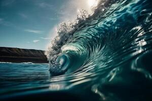 tropical azul surfar aceno. brilho do sol dentro a onda barril. não pessoas. lindo profundo azul tubo onda dentro a oceano. ai generativo foto