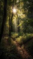 lindo raios do luz solar dentro uma verde floresta. ai generativo foto