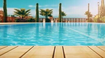 esvaziar à beira da piscina superfície com verão viagem hotel natação piscina fundo. ai generativo foto