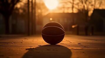 uma fotografa do uma basquetebol em uma quadra às pôr do sol,. ai generativo foto