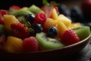 fresco fruta salada, fechar acima, macro, dentro a estilo do Comida fotografia. ai generativo foto