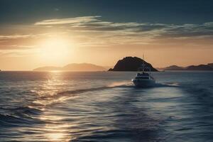 luxo iate Navegando dentro a meio do a mar ao lado a ilha e montanhas dentro a horizonte às pôr do sol Como Largo bandeira. ai generativo foto