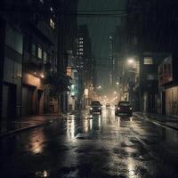 pesado chuva e Sombrio noite dentro a urbano. ai generativo foto