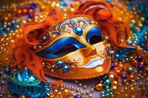 veneziano carnaval mascarar e miçangas decoração. mardi gras fundo. ai generativo foto