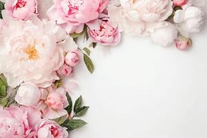 peônias, rosas em branco fundo com cópia de espaço. abstrato natural floral quadro, Armação disposição com texto espaço. romântico feminino composição. Casamento convite. ai generativo foto