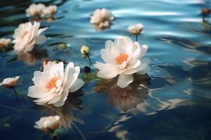 lindo branco e rosa flores flutuando dentro a lago. ai generativo foto