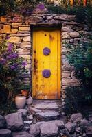 imagem do uma pedra porta com plantas e amarelo porta. ai generativo foto