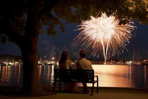 uma jovem casal sentar juntos para Assistir celebração fogos de artifício dentro América. ai generativo foto