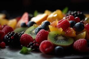 fresco fruta salada, fechar acima, macro, dentro a estilo do Comida fotografia. ai generativo foto