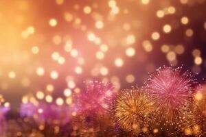 ouro e Rosa fogos de artifício e bokeh dentro Novo ano véspera e cópia de espaço. abstrato fundo feriado. ai generativo foto