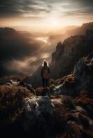 uma homem é em pé em uma montanha. ai generativo foto