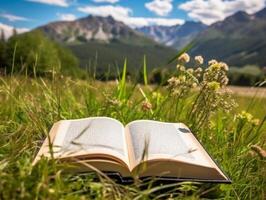 livro em a Prado com montanha às fundo. ai generativo foto