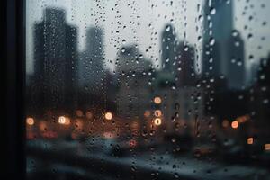 fotografia do pingos de chuva em a janelas vidro dentro foco com blured cidade Horizonte dentro a fundo. ai generativo foto