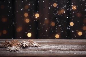 inverno Natal Nevado quadro, Armação com cópia de espaço. de madeira luz Pranchas estão coberto com neve com limpar \ limpo livre esvaziar espaço para texto. ai generativo foto