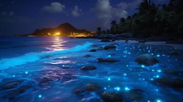 oceano costa às noite, a água é cheio do dinoflagelados, brilhando com milhões brilhante azul néon brilho dentro a Sombrio minúsculo pontos. ai generativo foto