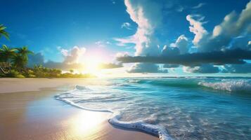 uma lindo de praia com cristal azul água e branco areia. ai generativo foto