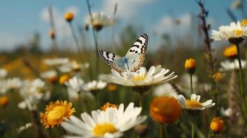 lindo branco amarelo margaridas e azul cornflowers com tremulando borboleta dentro verão dentro natureza contra fundo do azul céu com nuvens. ai generativo foto