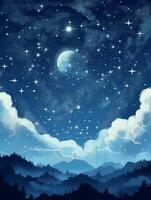 ilustração do uma enluarada noite, com estrelas cintilante dentro a céu e nuvens. ai generativo foto