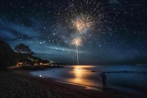 fogo de artifício noite mar estrela. ai generativo foto