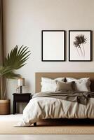 em branco branco foto poster quadro, Armação com Preto Beira dentro moderno, luxo bege Castanho quarto, madeira cabeça borda cama, cinzento cobertor, travesseiro, de cabeceira mesa, Palma planta de casa dentro luz solar. ai generativo