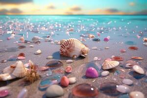amor brilha em a branco de praia com transparente e colorida doce colori cristal pedras. ai generativo foto