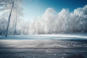 inverno Natal cênico panorama com cópia de espaço. de madeira piso, branco árvores dentro floresta coberto com neve, montes de neve e queda de neve contra azul céu dentro ensolarado dia ai generativo foto