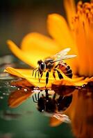 abelha sentado Próximo para amarelo flor e derrubar. ai generativo foto