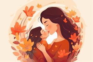 ilustração do mãe com dela pequeno criança, flor dentro a fundo. conceito do mães dia, mães amor, relacionamentos entre mãe e criança. ai generativo foto