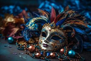 veneziano carnaval mascarar e miçangas decoração. mardi gras fundo. ai generativo foto