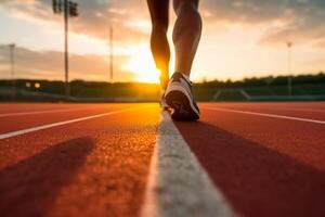 corredores pés dentro uma Atlético corrida acompanhar. jovem homem atleta Treinamento às pôr do sol. ai generativo foto